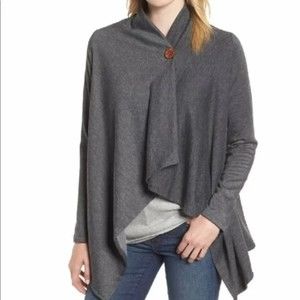 Bobeau Long Sleeve One Button Waterfall Cardigan Charcoal Gray Size Small